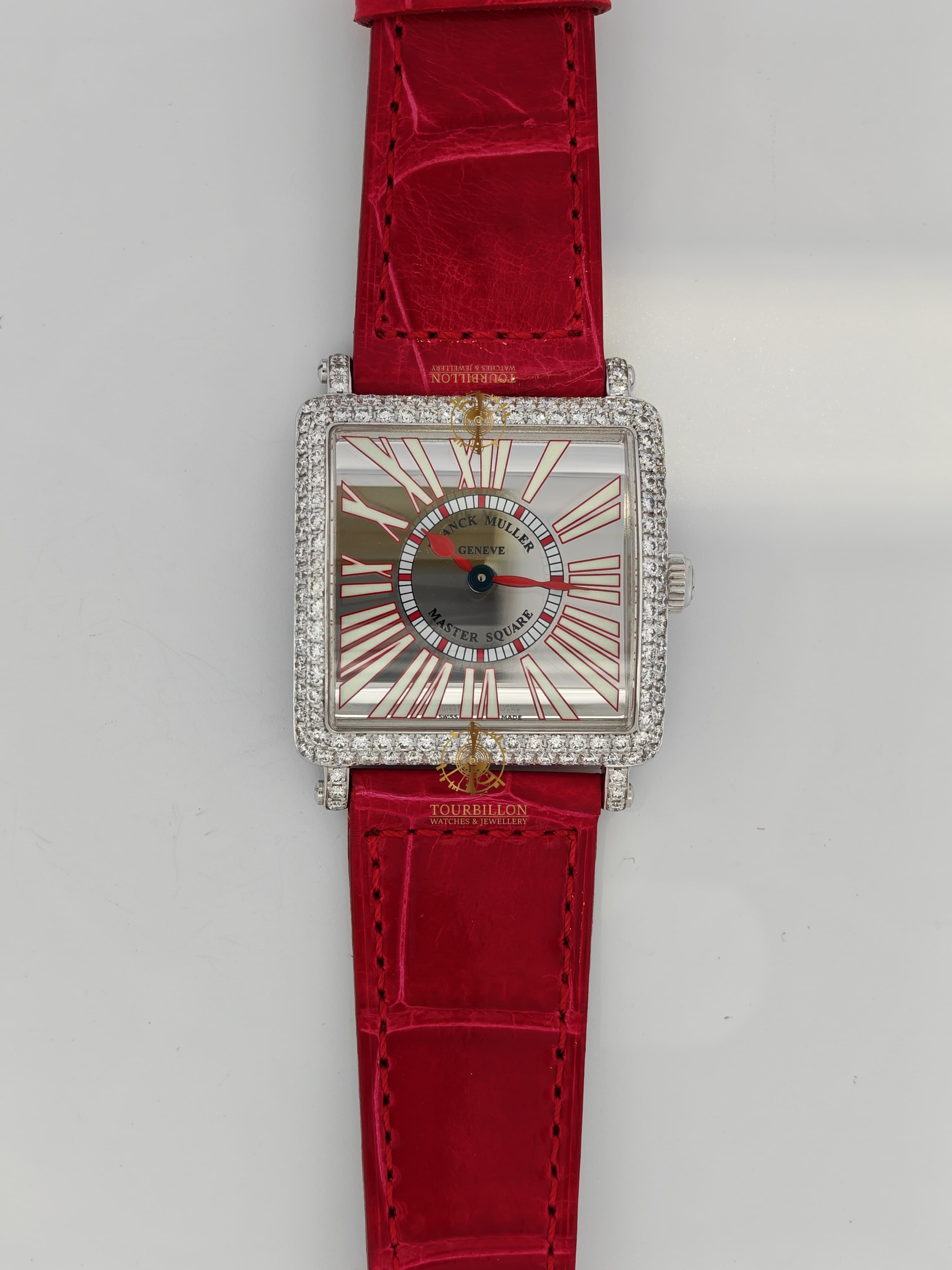 ساعة فرانك مولر ماستر سكوير ميرور ذهب أبيض مرصعة بالماس 6002 l qz d mir lu wg