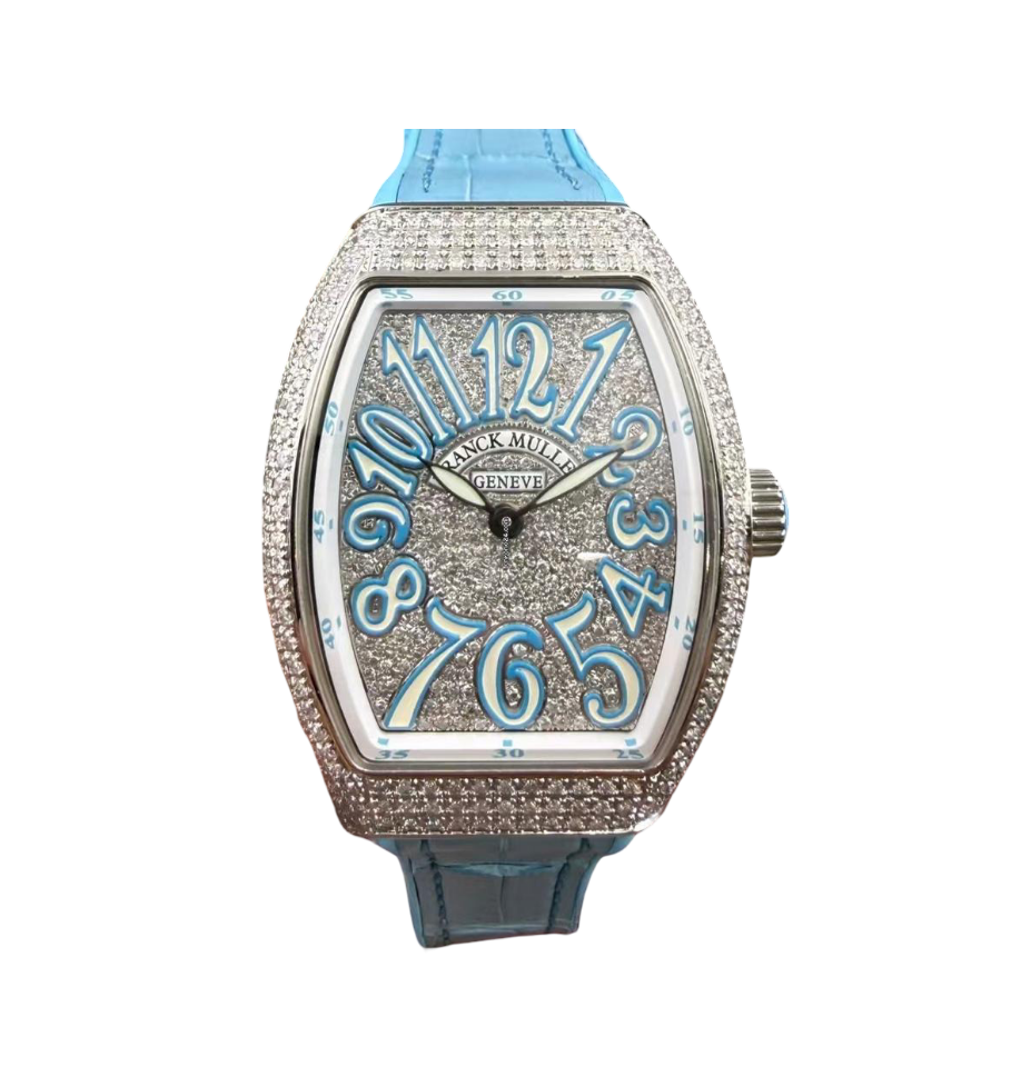 ساعة فرانك مولر فانغارد كلاسيك للسيدات بلون أزرق وأخضر – ألماس مخصص V32 QZ AC BL – Custom Fixing Diamonds