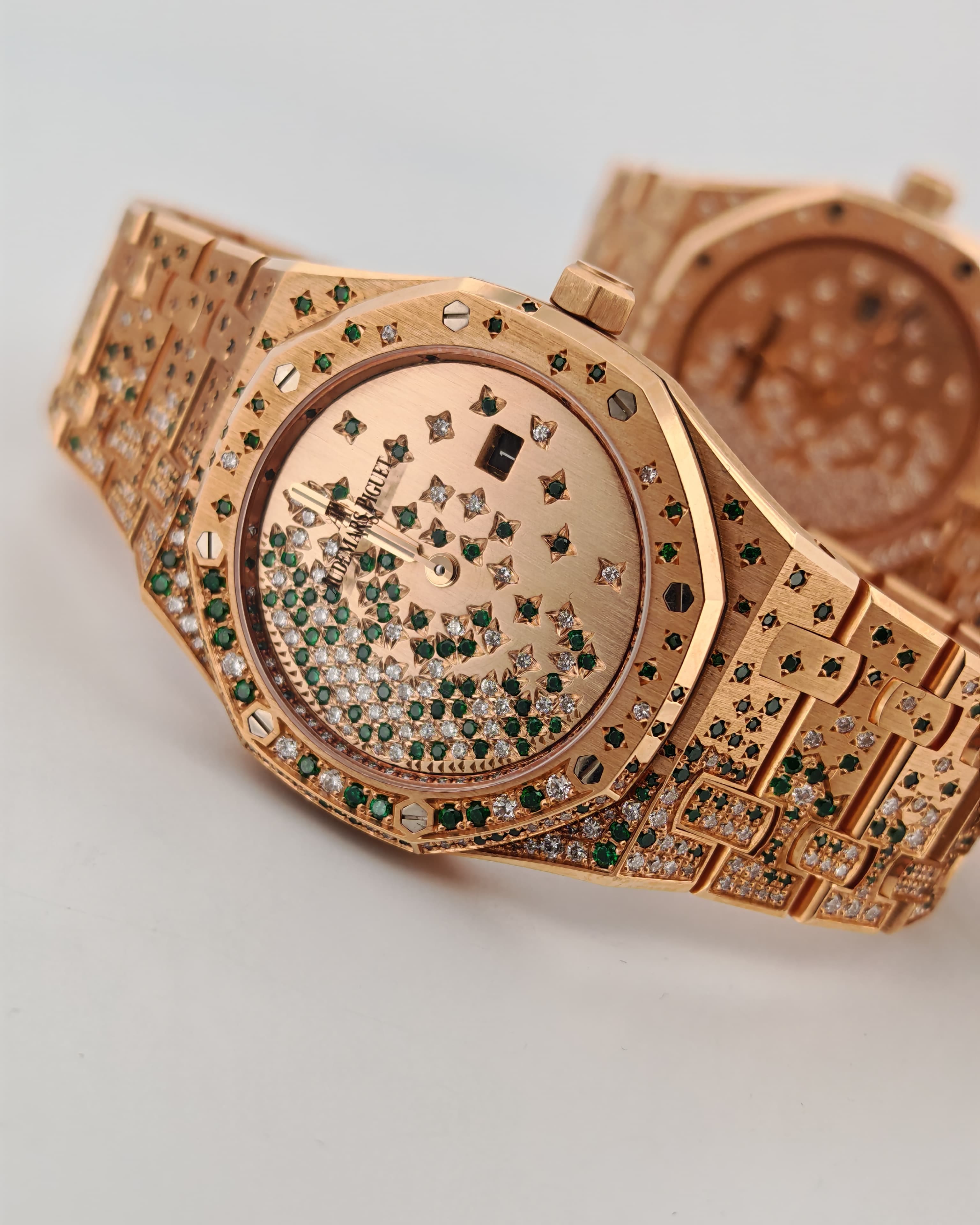 Audemars Piguet Royal Oak Rose Gold Quartz with Custom Emeralds and Diamonds Audemars Piguet 67650OR.OO.1261OR.01
