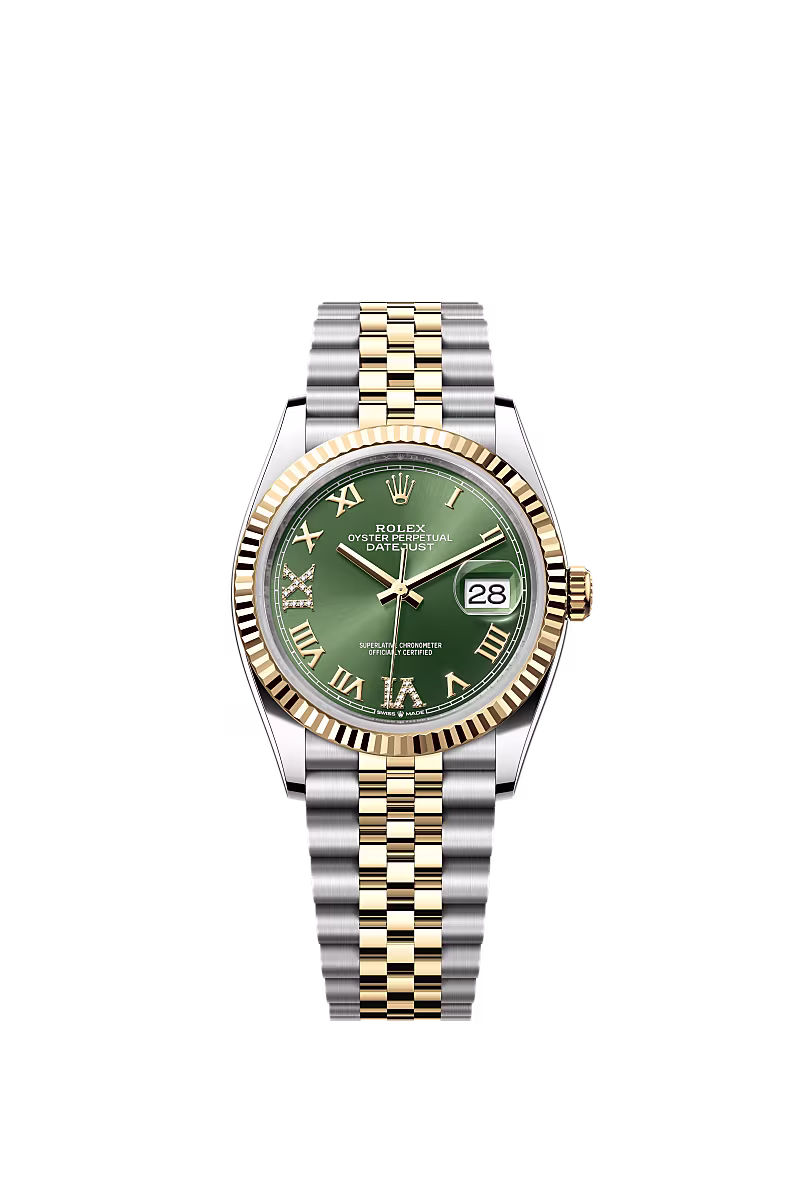 ساعة رولكس ديتجست 36mm أويستر ستيل وذهب أصفر مينا روماني أخضر 126233 VI IX
