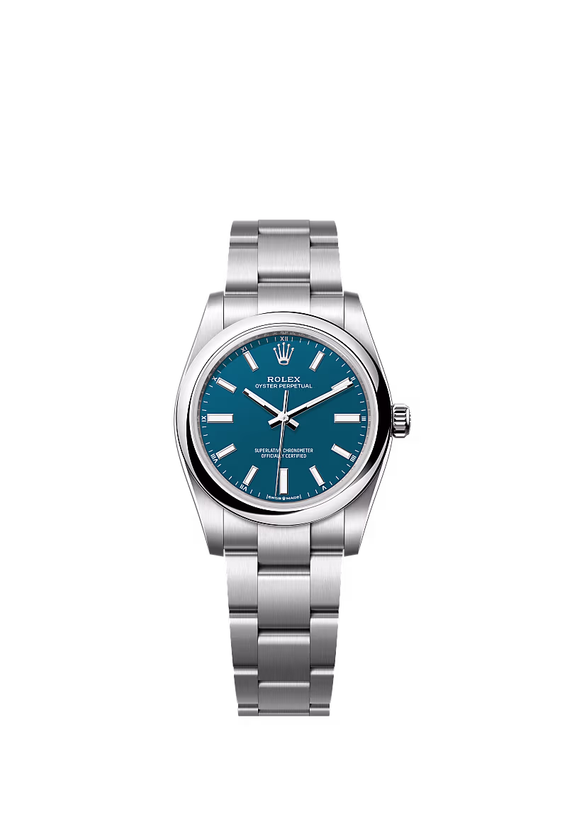 ساعة Rolex Oyster Perpetual 34mm فولاذ أويستر بمينا أزرق متوسط 124200-0011