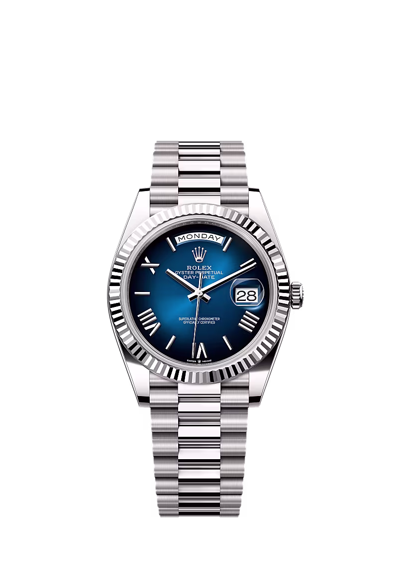ساعة Rolex Day-Date 40 ملم من الذهب الأبيض بقرص أزرق متدرج (أومبريه) 228239-0076