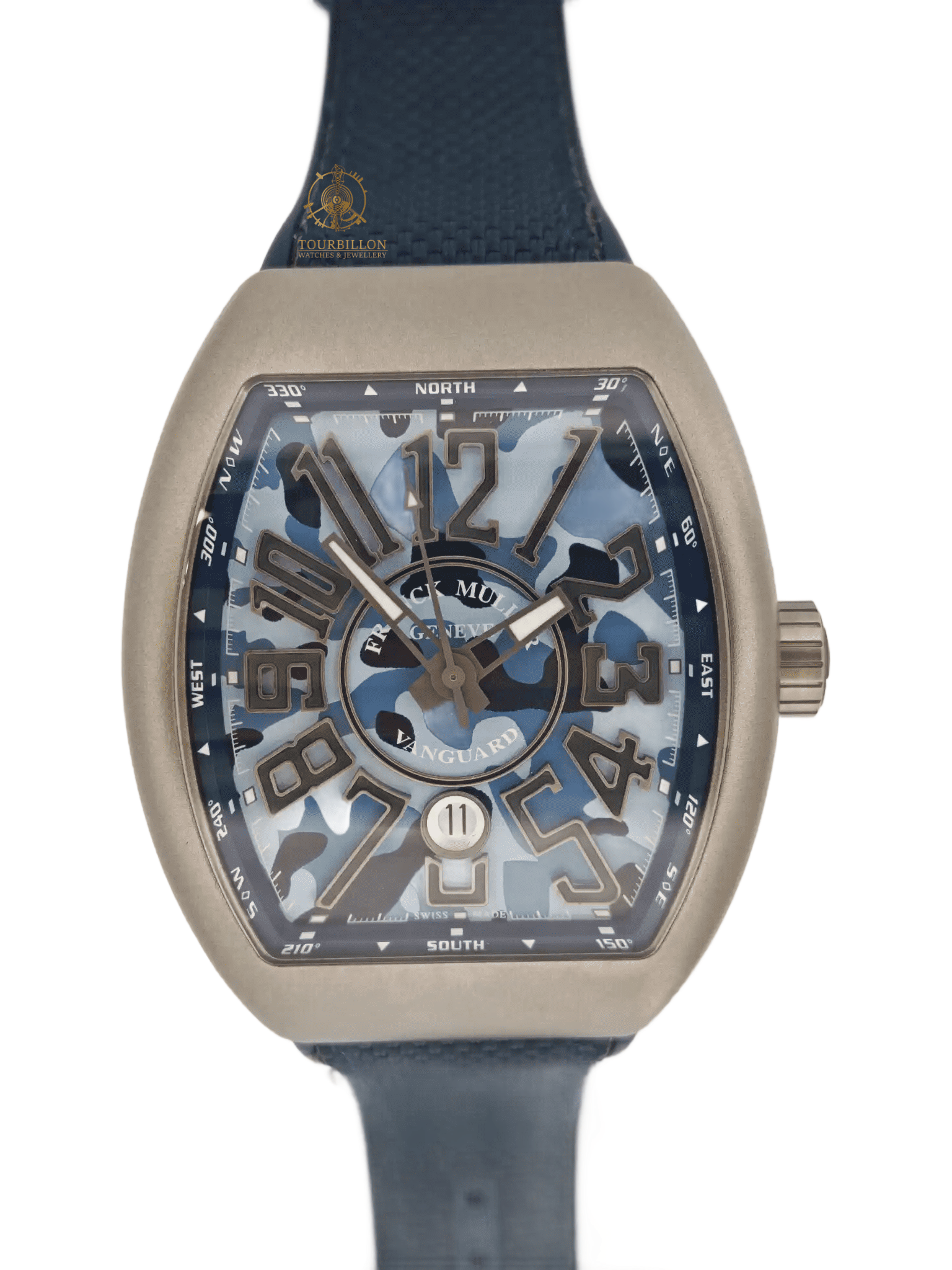 ساعة فرانك مولر - فانغارد التمويه الأزرق تيتانيوم v45 s ct tt mc camo bl