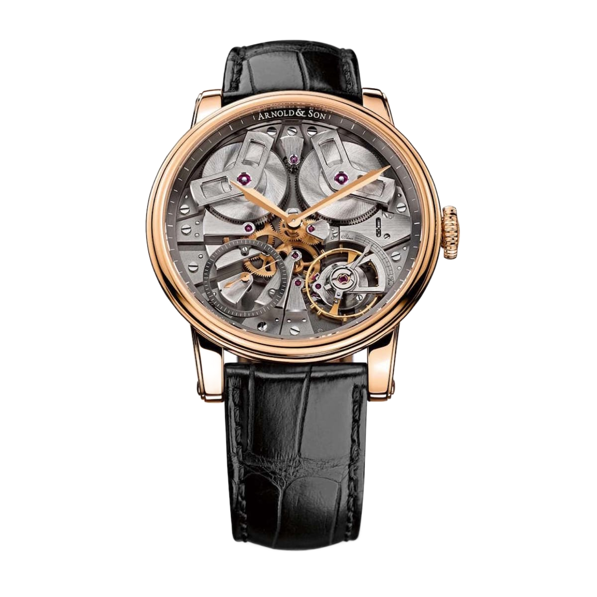 ساعة أرنولد أند صن تي إي ٨٨ سيريز ٤٦ مم من الذهب الوردي على سوار من جلد التمساح الأسود مع مينا هيكلي 1TBAR.S01A.C113A