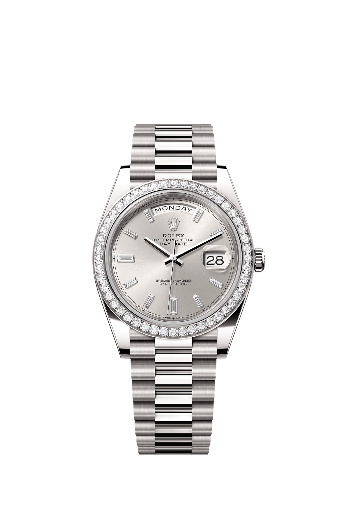 Rolex Day-date 40 Platinum Silver Baguette Dial, Diamond Bezel 228239